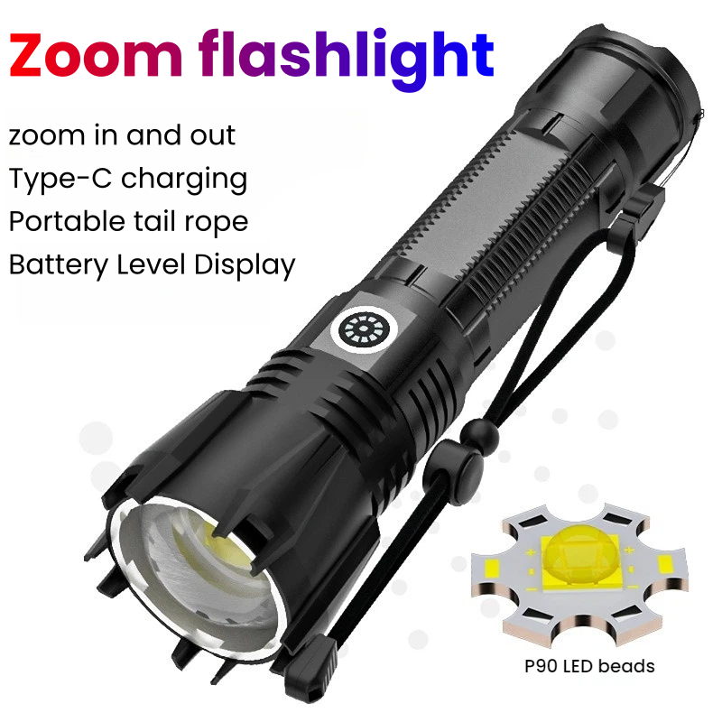 Outdoor Power For Camping - Hochleistungs-P90-LED-Taschenlampe, wiederaufladbar, mit TYPE-C-Anschluss, Zoom-Spotlight, wasserdicht,
