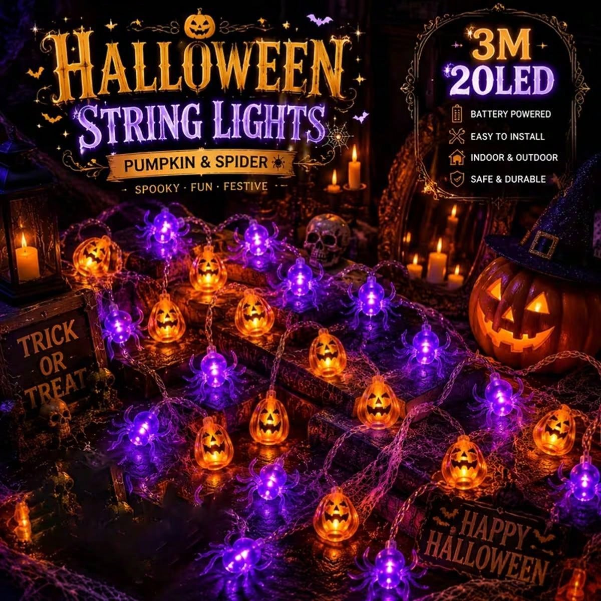 Outdoor Power House - 1 Stück Halloween-Kürbis 10/20 LED-Lichterkette Jack-O'-Lantern